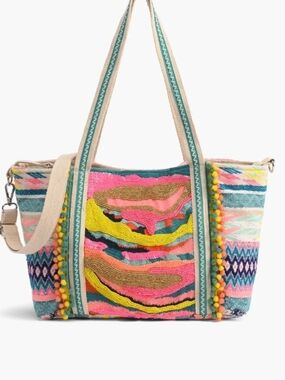 BRIGHT Multicolor Embroidered Pom-Tassel Tote Bag EUC BEAUTIFUL!